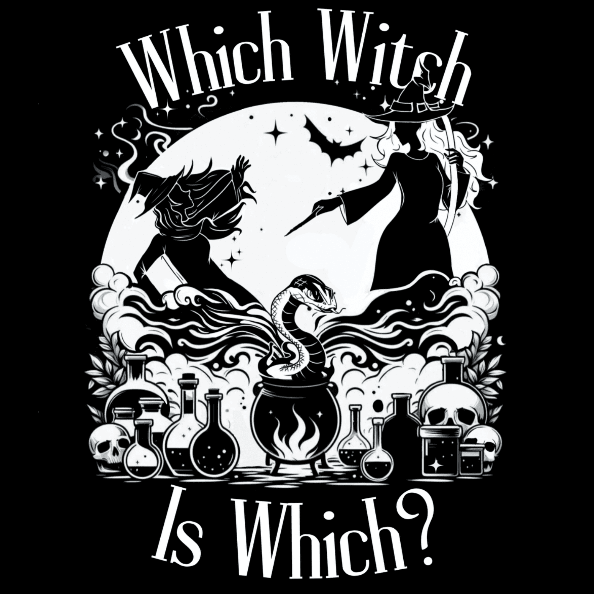 Black field with white illustration and text: Which Witch is Which? Featured are a witch, bat, laboratory glasswear, skulls, and viper backed by a full moon